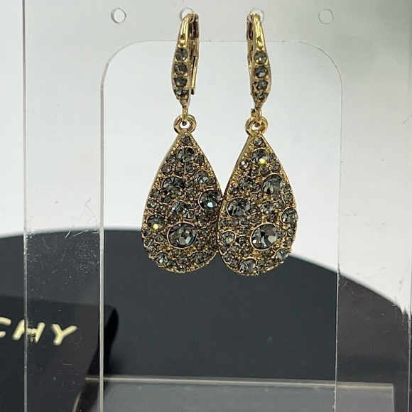 Givenchy Womens Gold Tone Grey Crystal Dangle Teardrop Earrings New - Picture 1 of 16